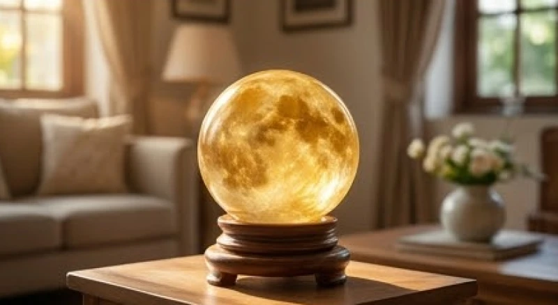 Quả cầu đá thạch anh vàng rực rỡ được đặt tinh tế ở góc phòng khách giúp cân bằng năng lượng không gian