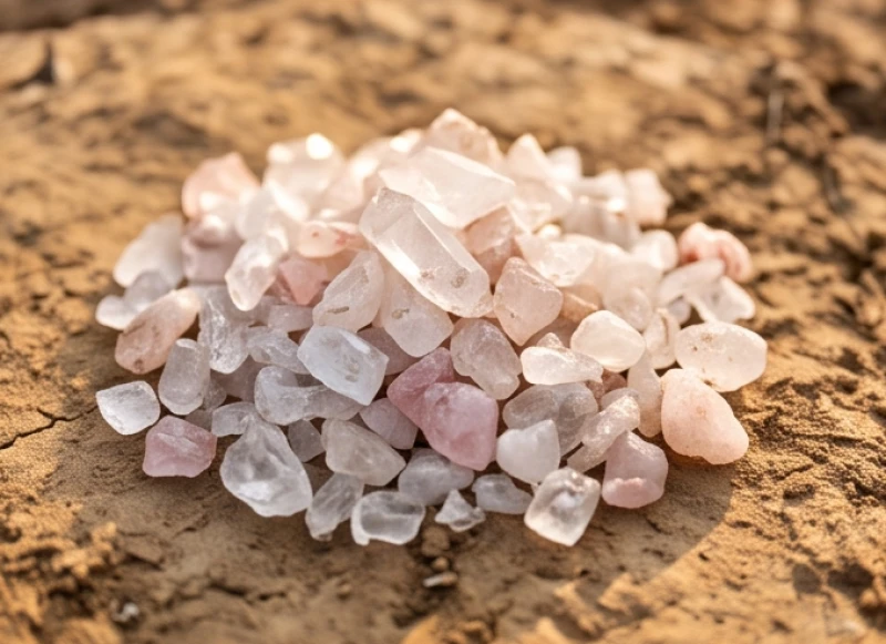 Hàng chục kilogam đá thạch anh vụn trắng và hồng thô nhám dùng để rải lớp nền móng
