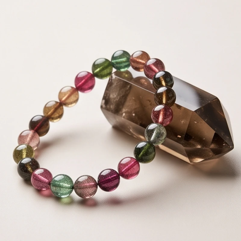Chuỗi vòng tay đá tourmaline đa sắc và viên thạch anh khói bảo vệ năng lượng cá nhân