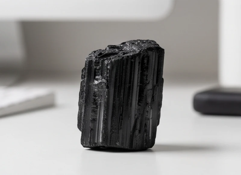 Tinh thể đá tourmaline đen thô sơ với các rãnh sọc tự nhiên đặc trưng chạy dọc thân