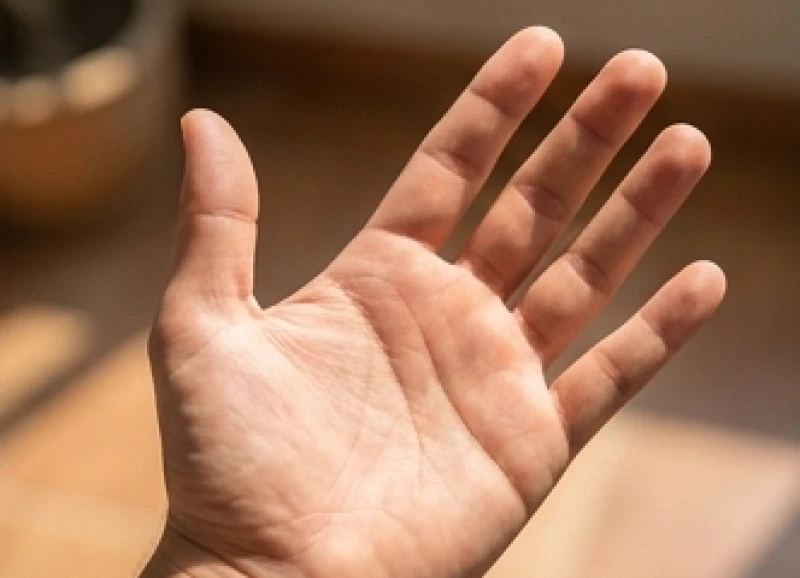 Bàn tay mở rộng dưới ánh sáng tự nhiên làm nổi bật tỷ lệ độ dài của ngón tay cái so với ngón trỏ
