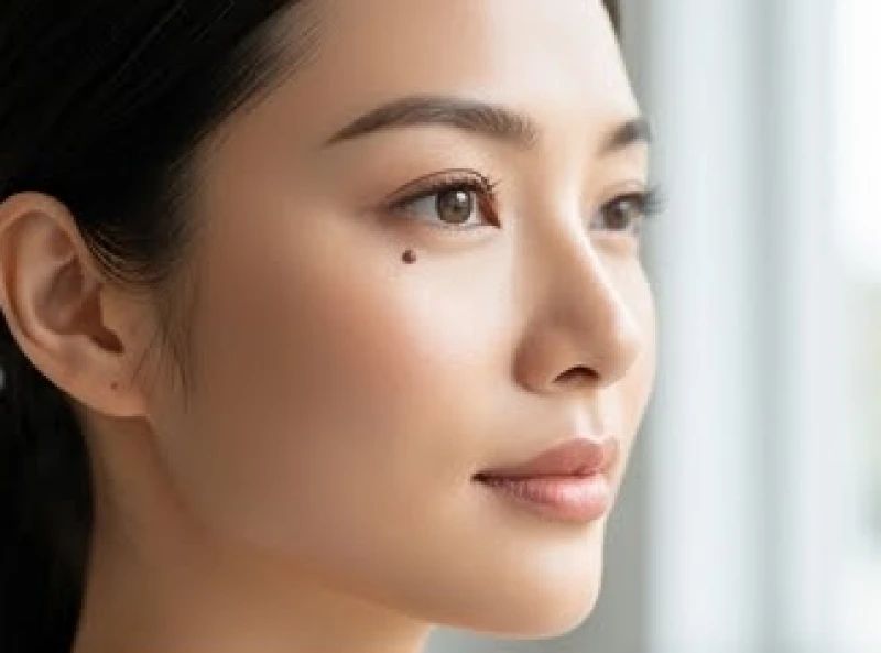 Khuôn mặt cô gái châu Á với nốt ruồi lệ đường rõ nét dưới bọng mắt đang nhìn nghiêng