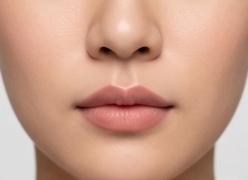 Cận cảnh phần môi trên và rãnh nhân trung ngắn hẹp của một người phụ nữ với viền môi hình cánh cung