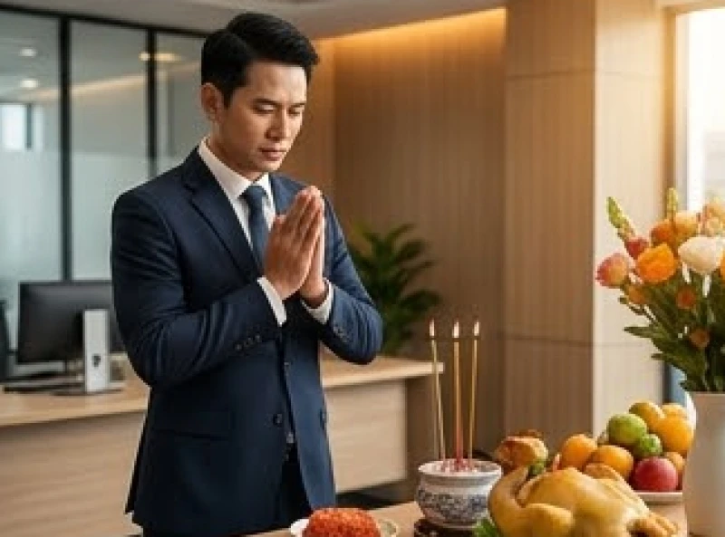 Văn khấn tất niên tại công ty: Bài cúng chuẩn không lẫn gia tiên 9 Giám đốc công ty mặc trang phục vest chỉnh tề chắp tay đọc bài khấn trước mâm lễ