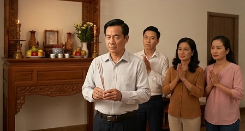 Văn khấn gia tiên khi trở về nhà: Bài cúng và trình tự chuẩn 7 Người chủ hộ cầm hương đứng phía trước cùng các thành viên gia đình thành tâm vái lạy