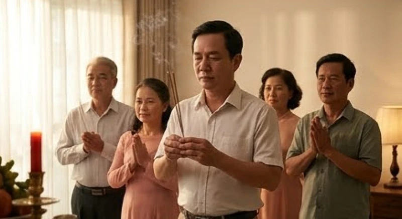 Cách ghi tên người khấn đúng chuẩn nghi thức: Công thức điền mẫu sớ 4 Một gia đình nhiều thế hệ cùng đứng chắp tay thành kính phía sau người cha đang đại diện khấn vái
