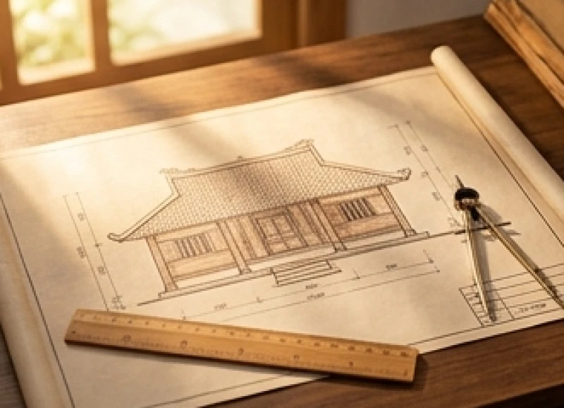 Tử vi tuổi Giáp Thân 2004 năm 2027: Lịch 12 tháng & giải hạn 7 Bản vẽ kiến trúc ngôi nhà gỗ cổ kính trải rộng trên bàn cùng thước gỗ tượng trưng cho việc xem xét phong thủy