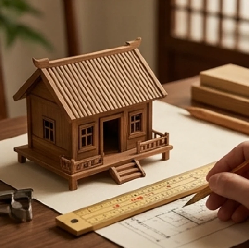 Tử vi tuổi Đinh Tỵ 1977 năm 2027: Vận hạn 12 tháng và cúng sao 9 Mô hình ngôi nhà gỗ nhỏ và thước lỗ ban đại diện cho sự tính toán kỹ lưỡng