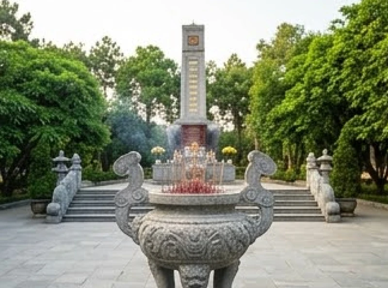 Khung cảnh đài tưởng niệm trung tâm tại nghĩa trang Hàng Dương với lư hương lớn nghi ngút khói