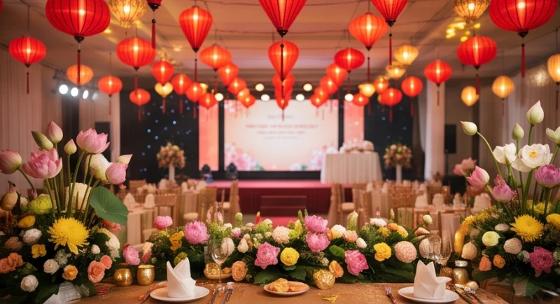 Khung cảnh tiệc cưới rực rỡ tràn ngập tiếng cười và sắc đỏ may mắn mang lại cảm giác bình yên