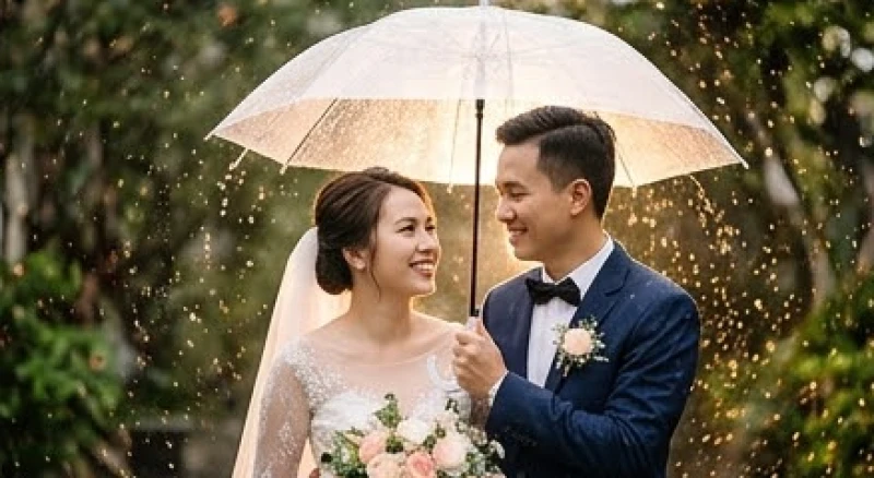 Trời mưa trong ngày cưới là điềm gì: Ý nghĩa và mẹo ứng phó 3 Cặp đôi uyên ương cùng nhau mỉm cười hạnh phúc dưới cơn mưa rào, đón nhận phước lành và may mắn thuần khiết