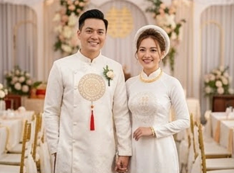 Tuổi Thìn nên cưới vào năm nào: tính tuổi nam nữ và giải hạn 1 Cặp đôi mặc trang phục cưới truyền thống mỉm cười rạng rỡ đón chào một cuộc sống mới thật viên mãn