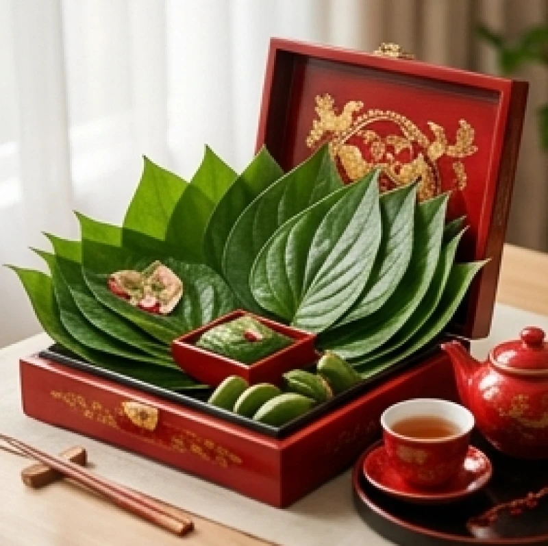 Mâm quả trầu cau và tách trà đỏ tươi chuẩn bị cho nghi thức cưới hỏi truyền thống nhằm hóa giải hạn Kim Lâu