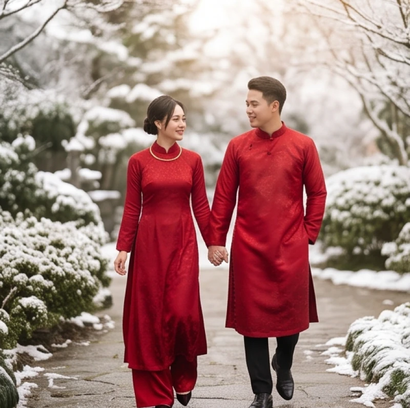 Đôi uyên ương diện áo dài đỏ sánh bước bên nhau trong tiết trời se lạnh của những ngày cuối năm Âm lịch