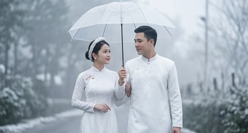Cặp đôi che chung chiếc ô trong suốt dưới tiết trời se lạnh của những ngày cuối năm