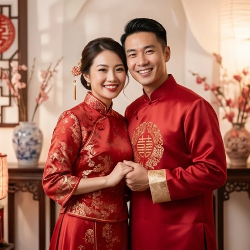 Cặp đôi mặc trang phục cưới truyền thống mỉm cười hạnh phúc trong ngày trọng đại
