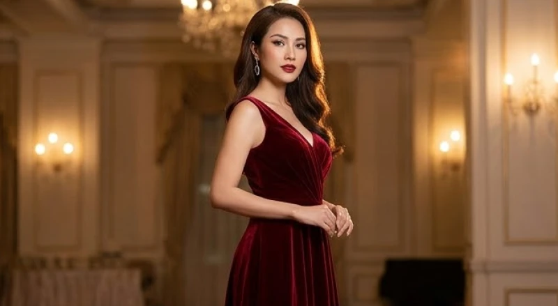 Người phụ nữ tỏa sáng rực rỡ trong chiếc đầm dạ hội dài bằng nhung màu đỏ mận