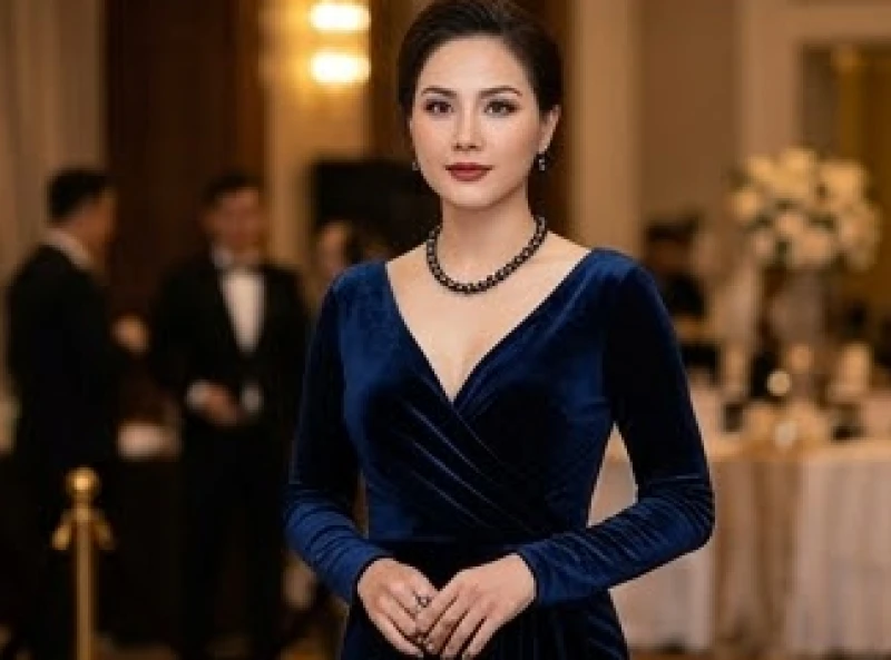 Người mẫu nữ cuốn hút trong chiếc đầm dạ hội nhung màu xanh navy sang trọng
