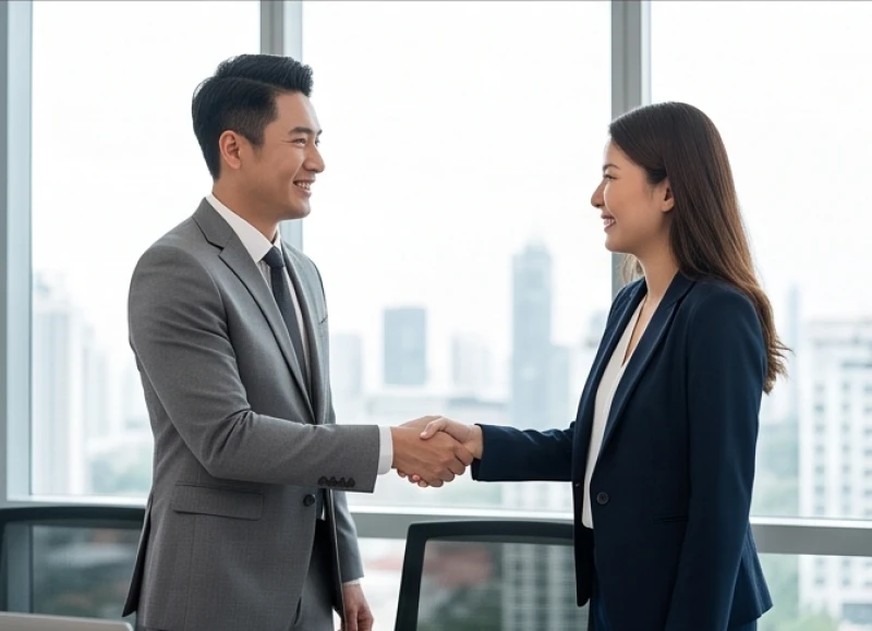Hai đồng nghiệp đang mỉm cười và bắt tay nhau sau một cuộc thương lượng thành công tại phòng họp