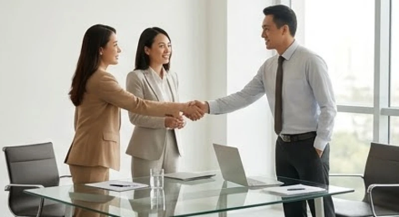 Tuổi Mậu Dần 1998: Mệnh lý, hợp tuổi và chọn ngày 2025 - 2026 4 Ba người đối tác đang mỉm cười bắt tay sau một buổi thỏa thuận công việc thành công trong phòng họp hiện đại