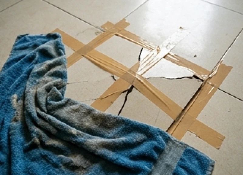 Bề mặt gạch phồng hình mái lều được dán băng keo chữ X để chống nổ văng miểng