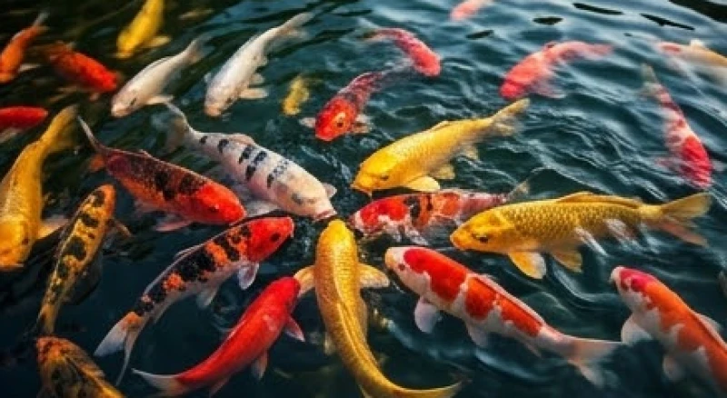 Đàn cá koi đủ màu sắc vàng đỏ trắng đen tụ tập ăn mồi trên mặt hồ tạo nên hệ sinh thái thịnh vượng