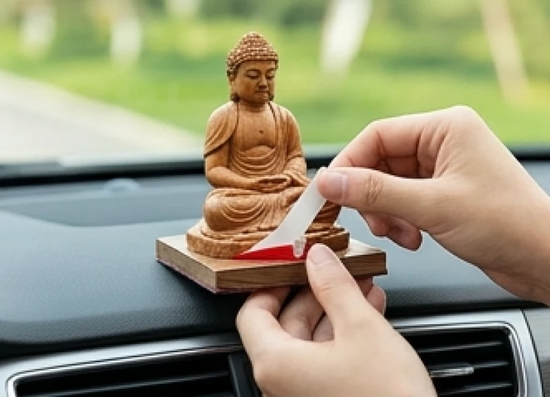 Sử dụng băng keo chuyên dụng để gắn chặt mặt đáy tượng phong thủy vào bề mặt taplo nhựa của ô tô