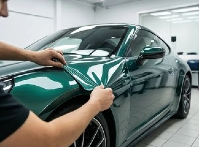 Thợ kỹ thuật đang thi công dán decal đổi màu cho bề mặt thân vỏ xe ô tô
