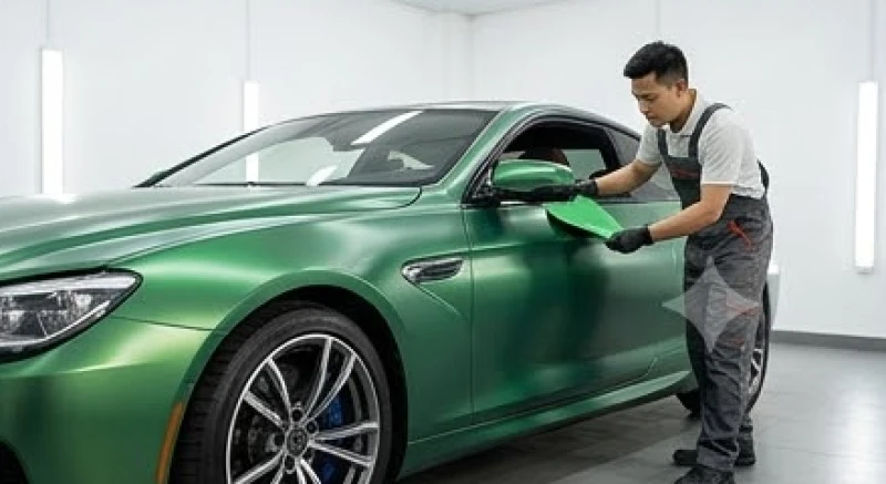 Tuổi Tuất mua xe màu gì: Chuẩn Cung phi nam nữ và cách hóa giải 8 Thợ kỹ thuật chuyên nghiệp đang dán decal đổi màu sắc vỏ ngoài cho chiếc xe hơi