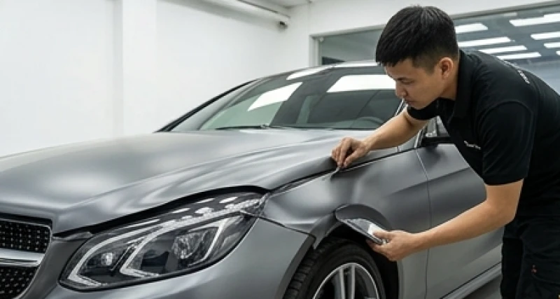 Tuổi Mùi mua xe màu gì: Bảng màu ngũ hành và cách hóa giải 8 Kỹ thuật viên đang dán decal đổi màu lớp vỏ ngoại thất xe hơi để hóa giải phong thủy tương khắc