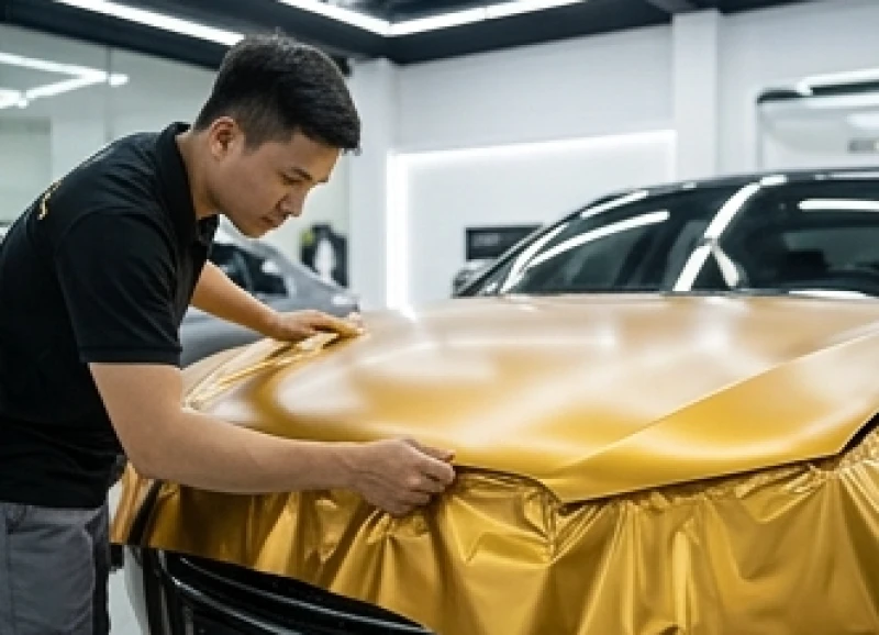 Biển số xe hợp tuổi Tuất: Bảng tra các năm & cách tính nút 8 Kỹ thuật viên đang cẩn thận dán lớp decal màu vàng nâu lên thân một chiếc xe ô tô tại gara chuyên nghiệp