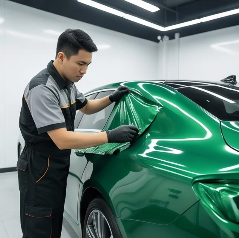 Kỹ thuật viên chăm sóc xe đang dán decal đổi màu ngoại thất ô tô sang sắc xanh lá cây