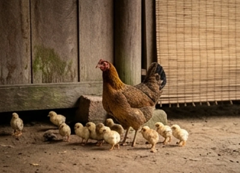 Một đàn gà mái và bầy gà con lông vàng óng ríu rít chạy vào góc sân nhà mang đến cảm giác bình yên và sum vầy
