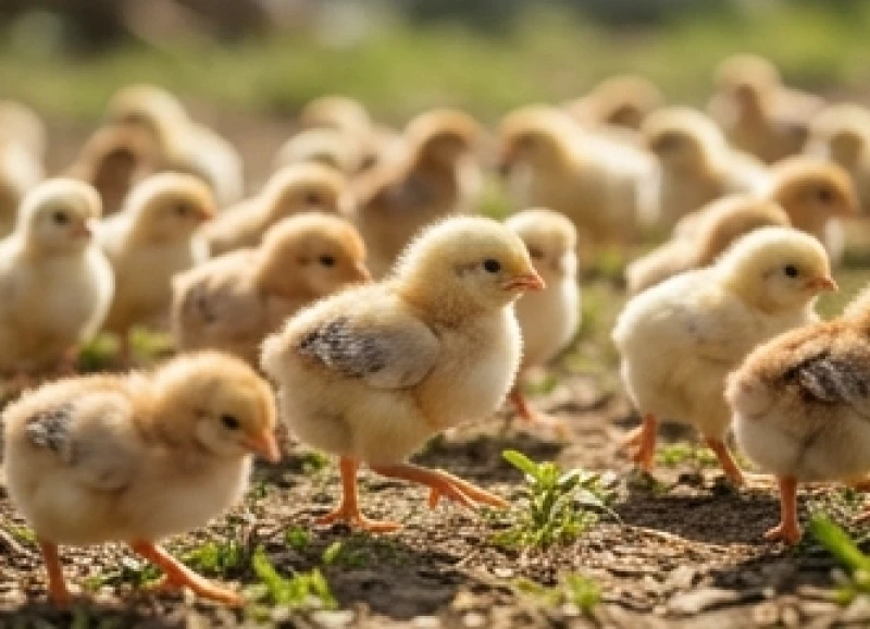 Đàn gà con đông đúc khỏe mạnh đang tung tăng chạy nhảy tìm kiếm thức ăn dưới ánh nắng ban mai rực rỡ