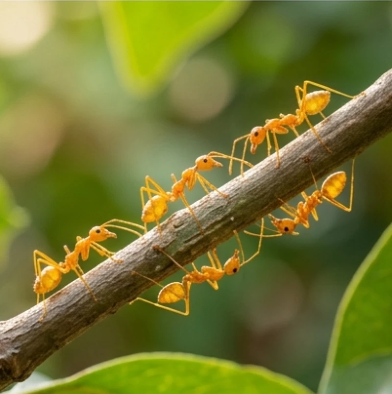 Một bầy kiến vàng rực rỡ đang bò trên cành cây, biểu tượng của vượng khí và cơ hội sinh lời trong đầu tư