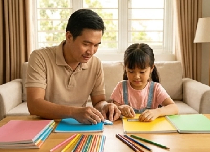 Tử vi tuổi Kỷ Hợi 2019 năm 2026: Vận hạn và học hành cho bé 4 Phụ huynh cùng bé gái cẩn thận dán nhãn tên lên từng chiếc bút và hộp màu để tránh thất lạc