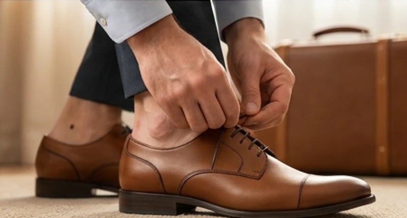 Người đàn ông đang thắt dây giày da sang trọng chuẩn bị cho một chuyến công tác xa