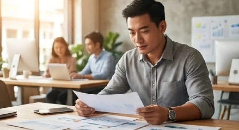 Nam giới doanh nhân mang nét tướng nhãn cầu lồi đang tập trung phân tích dự án kinh doanh mang tính tiên phong
