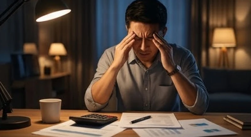 Mơ thấy có thai: Ý nghĩa các giai đoạn & sổ mơ dân gian chuẩn 5 Người đàn ông căng thẳng ôm đầu suy nghĩ trước những hóa đơn và sổ sách tài chính