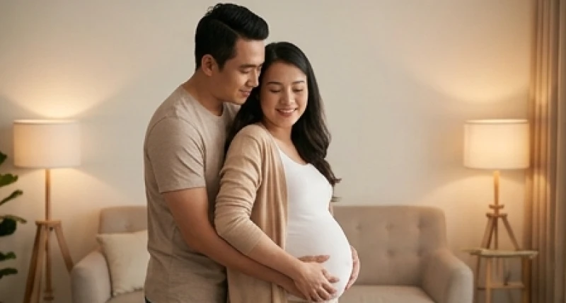 Mơ Thấy Mình Có Con Gái: Giải Mã Điềm Báo Gia Đạo & Bộ Số May Mắn 3 Người chồng ân cần ôm vợ bầu từ phía sau trong không gian gia đình ấm cúng