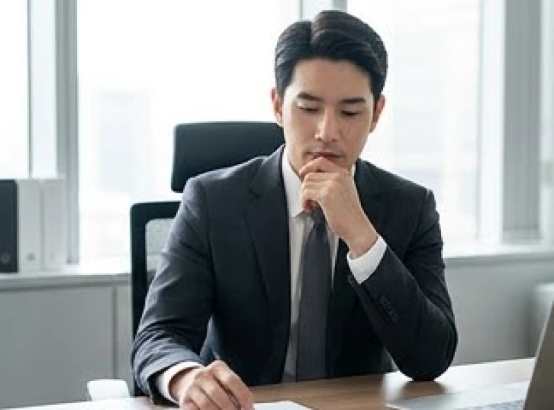 Nam giới doanh nhân đang ngồi suy tư cẩn trọng trước một quyết định tài chính quan trọng
