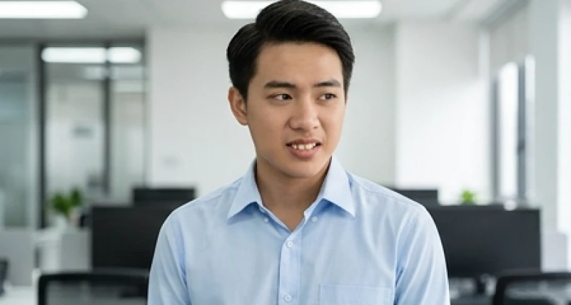 Nam giới có tướng răng hô với biểu cảm thiếu tự tin khi giao tiếp trong công việc