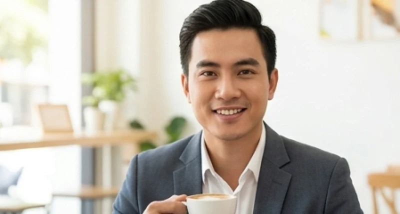 Doanh nhân nam thành đạt nở nụ cười tự tin lộ rõ chiếc răng nanh mọc lệch