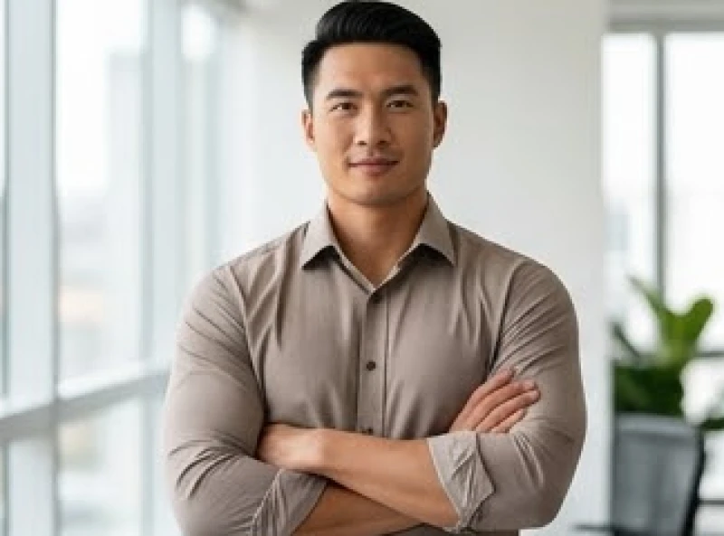 Người đàn ông có bờ vai vuông vức và vóc dáng vạm vỡ đang tự tin đứng khoanh tay