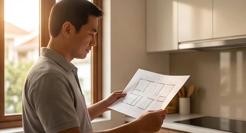 Hướng bếp hợp tuổi Thân: Sơ đồ tọa hung và cách trấn trạch 4 Người đàn ông trụ cột trong gia đình đang xem xét bản thiết kế phòng bếp để quyết định phương vị đặt lò