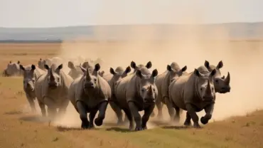 Đàn tê giác chạy trên đồng cỏ