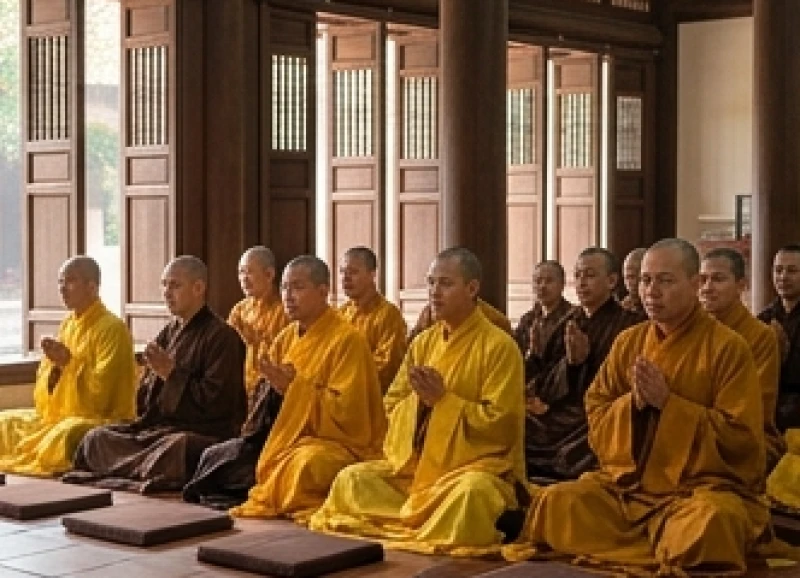 Khung cảnh các chư Tăng đang tụng kinh niệm Phật trong một buổi đàn tràng cầu siêu tại chính điện