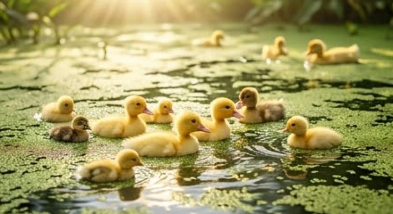 Một đàn vịt con và gà con sở hữu bộ lông tơ màu vàng rực rỡ tượng trưng cho tài lộc chớm nở
