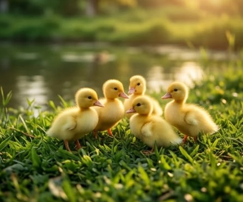 Bầy vịt con lông vàng đang quây quần rỉa lông trên bãi cỏ xanh mướt cạnh bờ ao mát mẻ