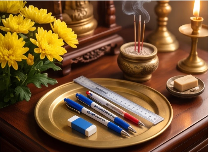 Văn khấn cầu thi cử: Trọn bộ lễ vật và bài khấn đúng nghi thức 4 Bút viết và thước kẻ được đặt trang trọng trên mâm lễ dâng bàn thờ